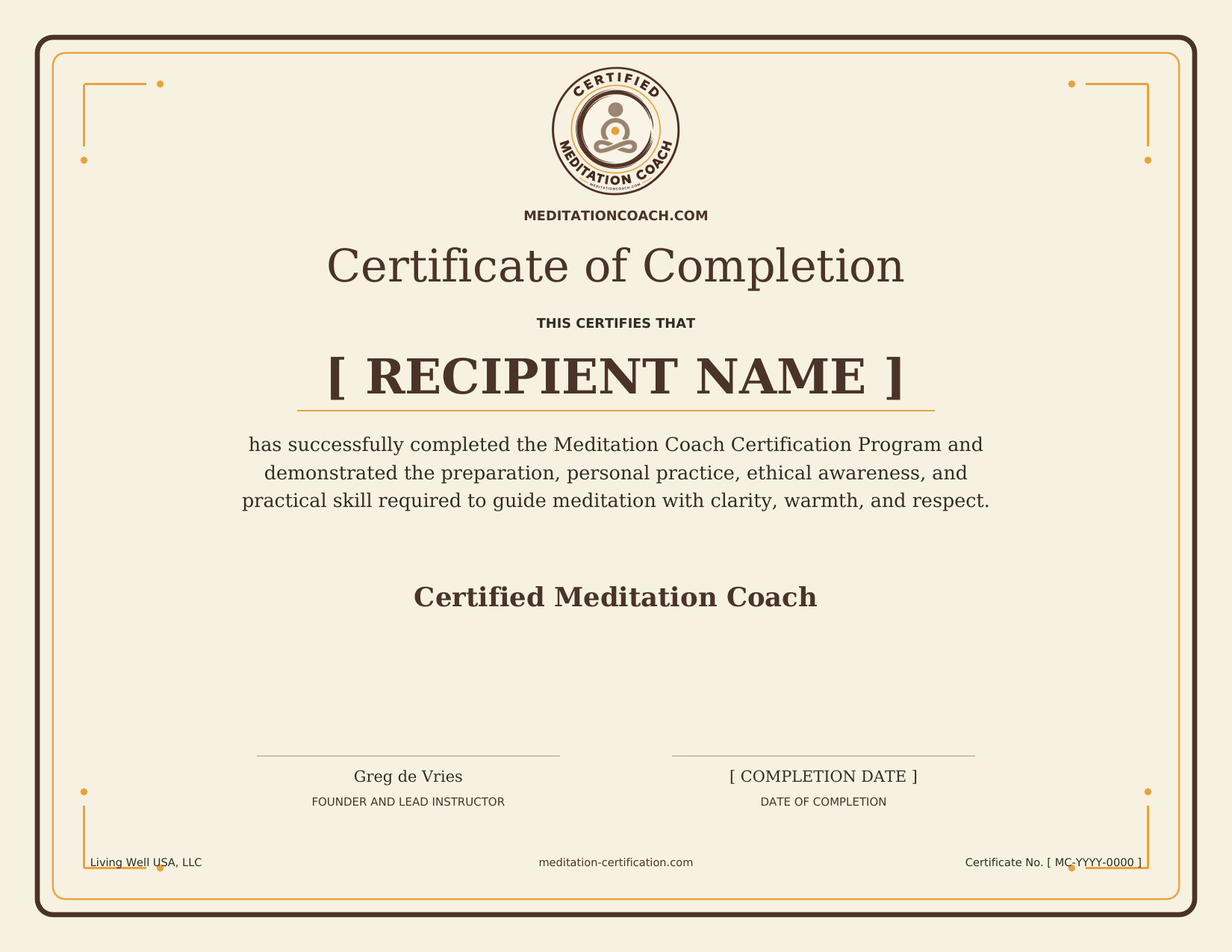 Sample Meditation Coach Certificate of Completion
